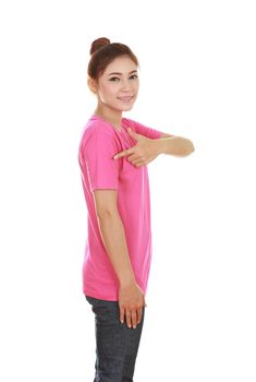young beautiful female with pink t-shirt (side view) isolated on white background