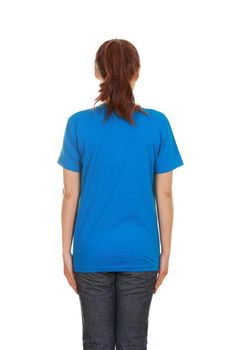 female with blank blue t-shirt (back side) isolated on white background