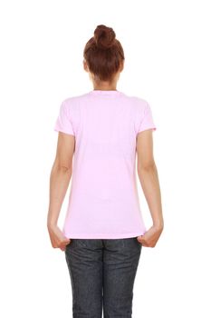 female with blank pink t-shirt (back side) isolated on white background