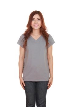 young beautiful female with blank gray t-shirt isolated on white background