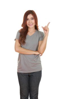 Woman think of idea with gray t-shirt isolated on white background