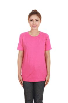 young beautiful female with blank pink t-shirt isolated on white background