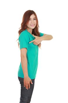 young beautiful female with green t-shirt (side view) isolated on white background