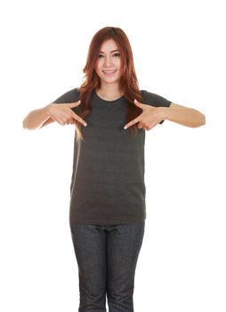 young beautiful female with blank black t-shirt isolated on white background