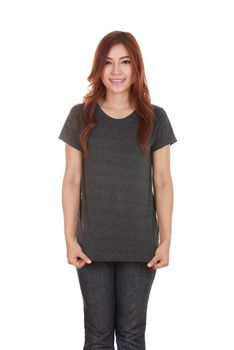 young beautiful female with blank black t-shirt isolated on white background