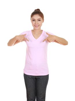 young beautiful female with blank pink t-shirt isolated on white background