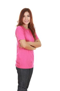 woman with arms crossed, wearing pink t-shirt isolated on white background.