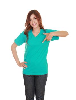 young beautiful female with blank green t-shirt isolated on white background