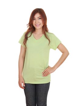 young beautiful female with blank green t-shirt isolated on white background