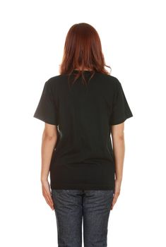 female with blank black t-shirt (back side) isolated on white background