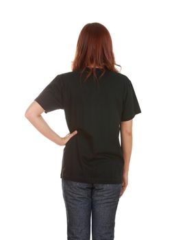 female with blank black t-shirt (back side) isolated on white background