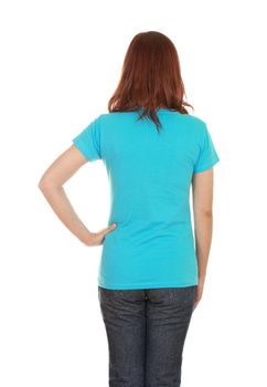 female with blank t-shirt (back side) isolated on white background