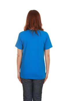 female with blank blue t-shirt (back side) isolated on white background