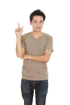 man think of idea with brown t-shirt isolated on white background