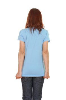 female with blank blue t-shirt (back side) isolated on white background