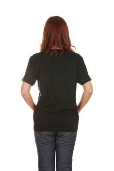 female with blank black t-shirt (back side) isolated on white background