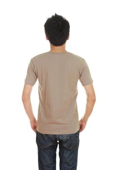 man with blank brown t-shirt (back side) isolated on white background