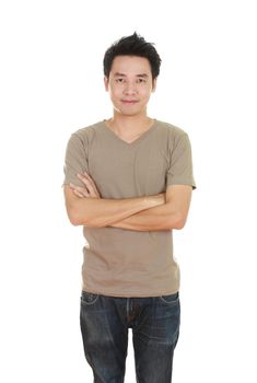 man with arms crossed, wearing brown t-shirt isolated on white background.