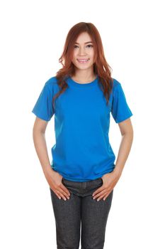 young beautiful female with blank blue t-shirt isolated on white background