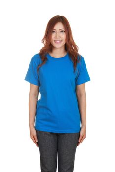 young beautiful female with blank blue t-shirt isolated on white background