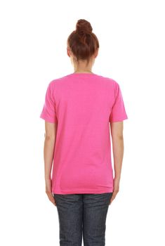 female with blank pink t-shirt (back side) isolated on white background