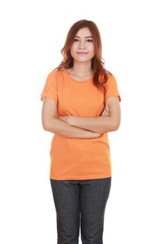 woman with arms crossed, wearing orange t-shirt isolated on white background.