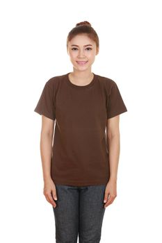 young beautiful female with blank brown t-shirt isolated on white background