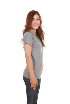 young beautiful female with gray t-shirt (side view) isolated on white background