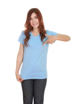 young beautiful female with blank blue t-shirt isolated on white background