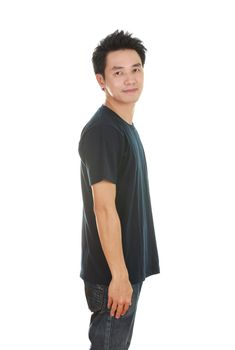 man with black t-shirt (side view) isolated on white background