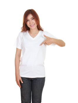 young beautiful female with blank white t-shirt isolated on white background