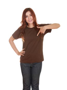 young beautiful female with blank brown t-shirt isolated on white background