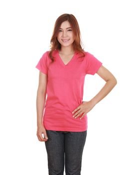 young beautiful female with blank pink t-shirt isolated on white background