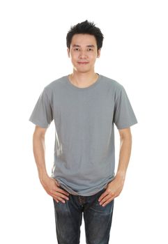 man with blank gray t-shirt isolated on white background