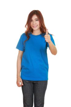 woman in blank blue t-shirt with thumbs up isolated on white background