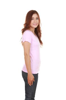 young beautiful female with pink t-shirt (side view) isolated on white background