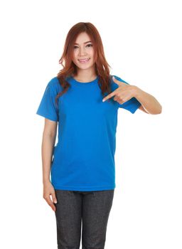 young beautiful female with blank blue t-shirt isolated on white background
