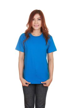 young beautiful female with blank blue t-shirt isolated on white background