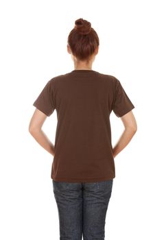 female with blank brown t-shirt (back side) isolated on white background