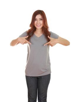 young beautiful female with blank gray t-shirt isolated on white background