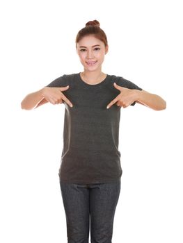 young beautiful female with blank black t-shirt isolated on white background