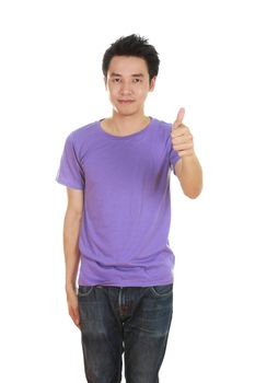 man in blank purple t-shirt with thumbs up isolated on white background