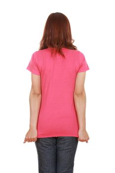 female with blank pink t-shirt (back side) isolated on white background