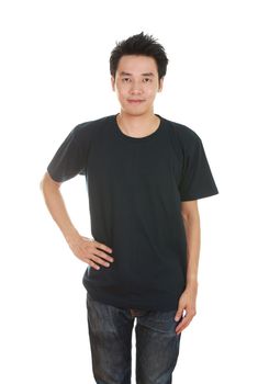 man with blank black t-shirt isolated on white background