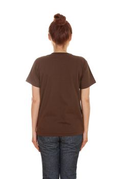 female with blank brown t-shirt (back side) isolated on white background