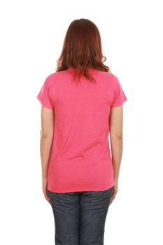 female with blank pink t-shirt (back side) isolated on white background