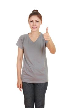 woman in blank gray t-shirt with thumbs up isolated on white background