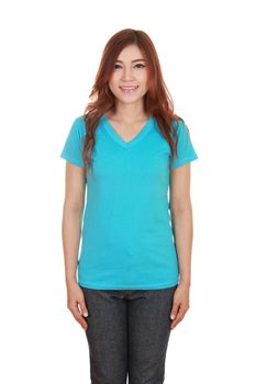 young beautiful female with blank green t-shirt isolated on white background