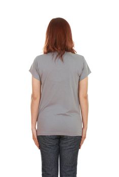 female with blank gray t-shirt (back side) isolated on white background