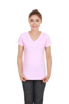 young beautiful female with blank pink t-shirt isolated on white background